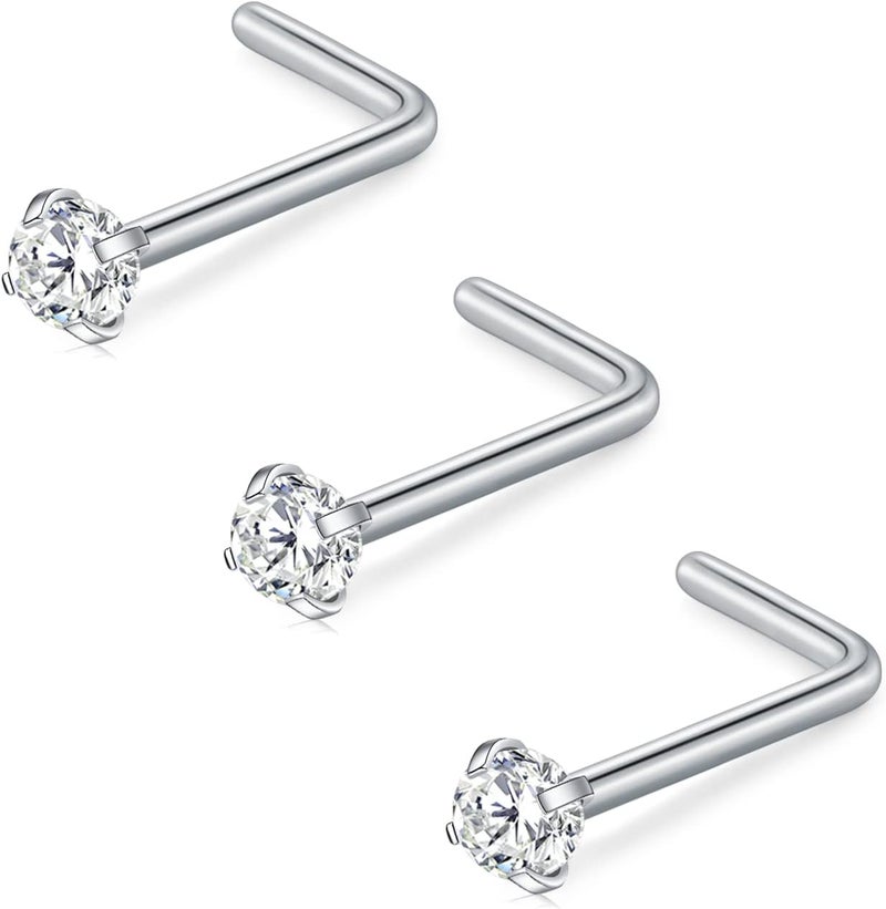 D.Bella 16G 18G 20G 22G L Shaped Nose Studs Surgical Steel 1.5mm 2mm 2.5mm 3mm Clear Colorful Diamond CZ Nose Rings Studs Nose Rings for Women Nose Nostril Piercing Jewerly Silver Gold Rose Gold Black - Image 1